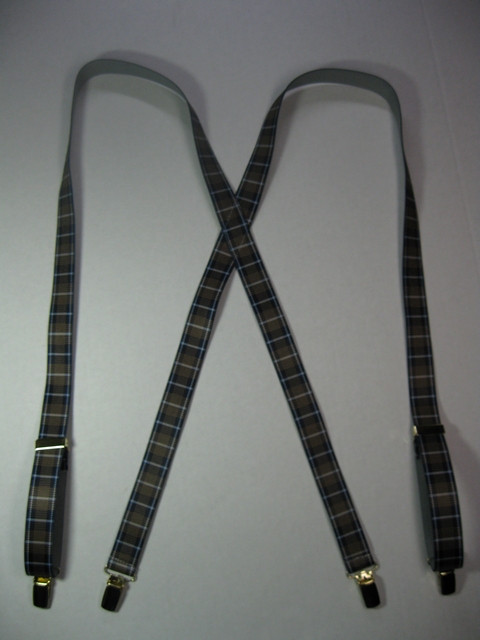 BROWN PLAID PATTERN 3/4"x 48" Suspenders with 4 strong 1/2"x 1" Grips with nylon Teeth and 2 Length Adjusters in the front and 1 adjuster on the back all in high polish CHROME FINISH.  Entirely Stretchable Hand Washable and Hang to Dry Cotton/Polyester Material.               UD760N48PBRO